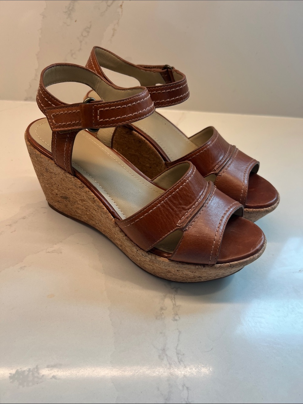 Johnston & Murphy Brown Leather Ankle-Strap Wedge Sandals - Picture 9 of 9